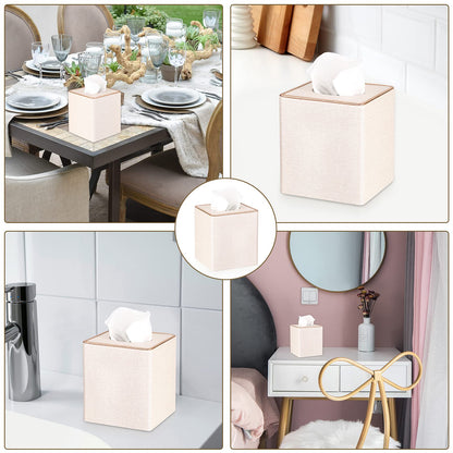 Sumnacon Square Linen Tissue Box Cover - Stylish Cube Tissue Box Holder with Magnetic Bottom, Decorative Tissue Box for Vanity Toilet Tank Dresser Night Stand Table Countertop Office Car, Beige