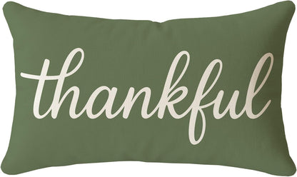 12x20 Inch Thankful Pillow Cover Olive Green Lumbar Decorative Cushion Case Rustic Farmhouse Fall Decor Thanksgiving
