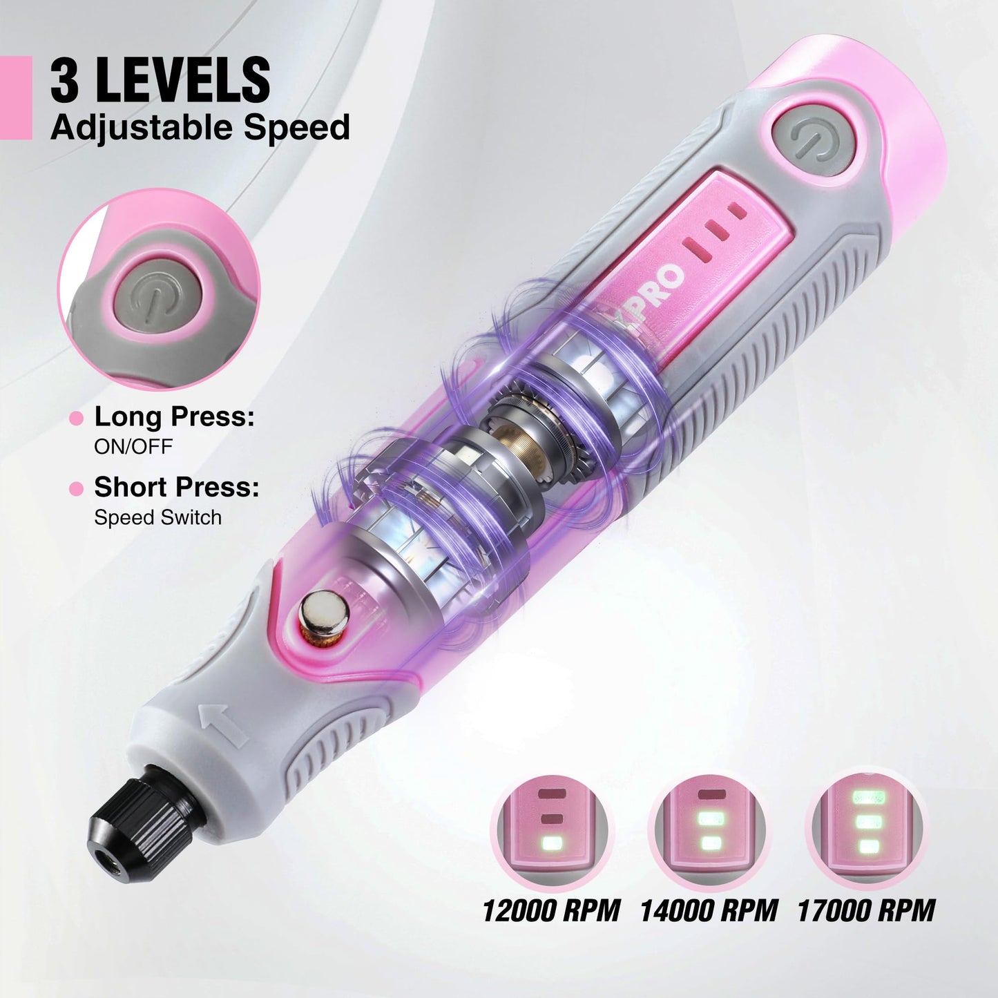 WORKPRO Cordless Rotary Tool Kit with 71pcs Accessories, 3 Variable Speeds, USB Rechargeable Mini Rotary Tool for Engraving, Sanding, Polishing, Carving, Cutting, DIY Crafts - Pink Ribbon