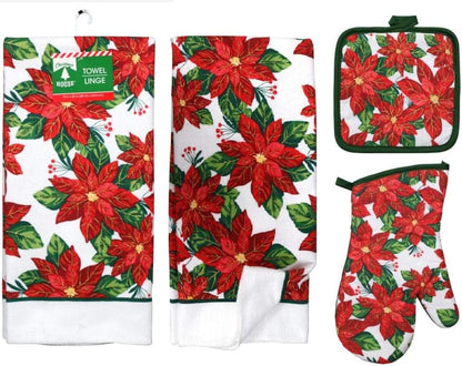 Poinsettia 5 Piece Christmas Kitchen Linen Bundle with 2 Dish Towels, 2 Potholders, and 1 Oven Mitt