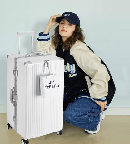 feilario 30in Super Large Captain Aluminum Frame Hardside Spinner Wheels Luggage, Removable Wheels Zipperless Checked Suitcase with Cup Holder/Phone Holder (Ivory White,30in)