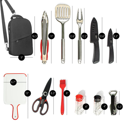 12 Pcs Camping Cooking Utensil Set, Camp Kitchen Set with Organizer Bag, Stainless Steel Outdoor Cooking and Grilling Utensil Organizer for Travel, Picnics, Camping, BBQs, Parties