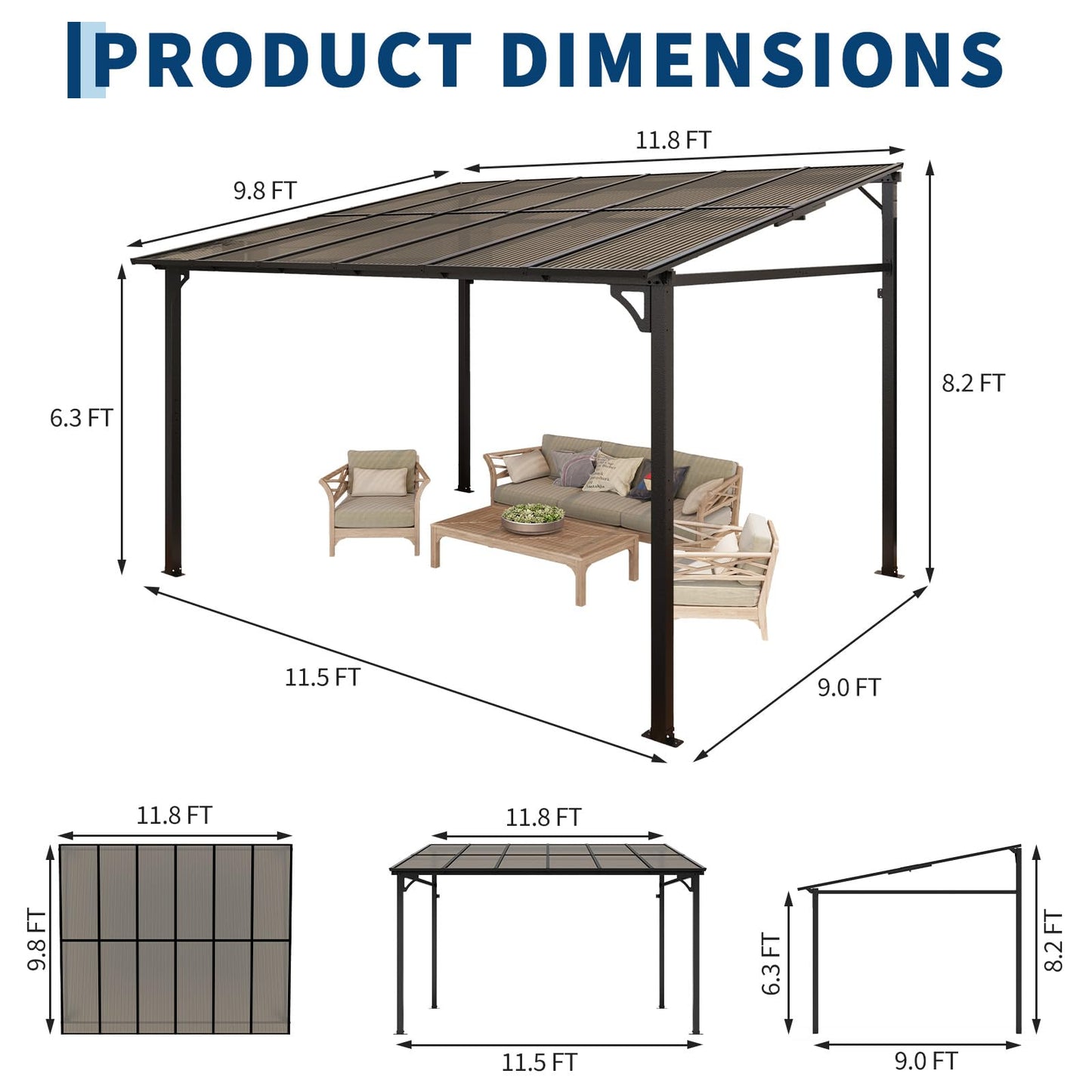 10x12ft Lean to Gazebo with Polycarbonate Hardtop Roof - Hardtop Wall Pergola, Aluminum Frame Wall Mounted Gazebo for Patio, Deck, Yard, Garden & Party Shade
