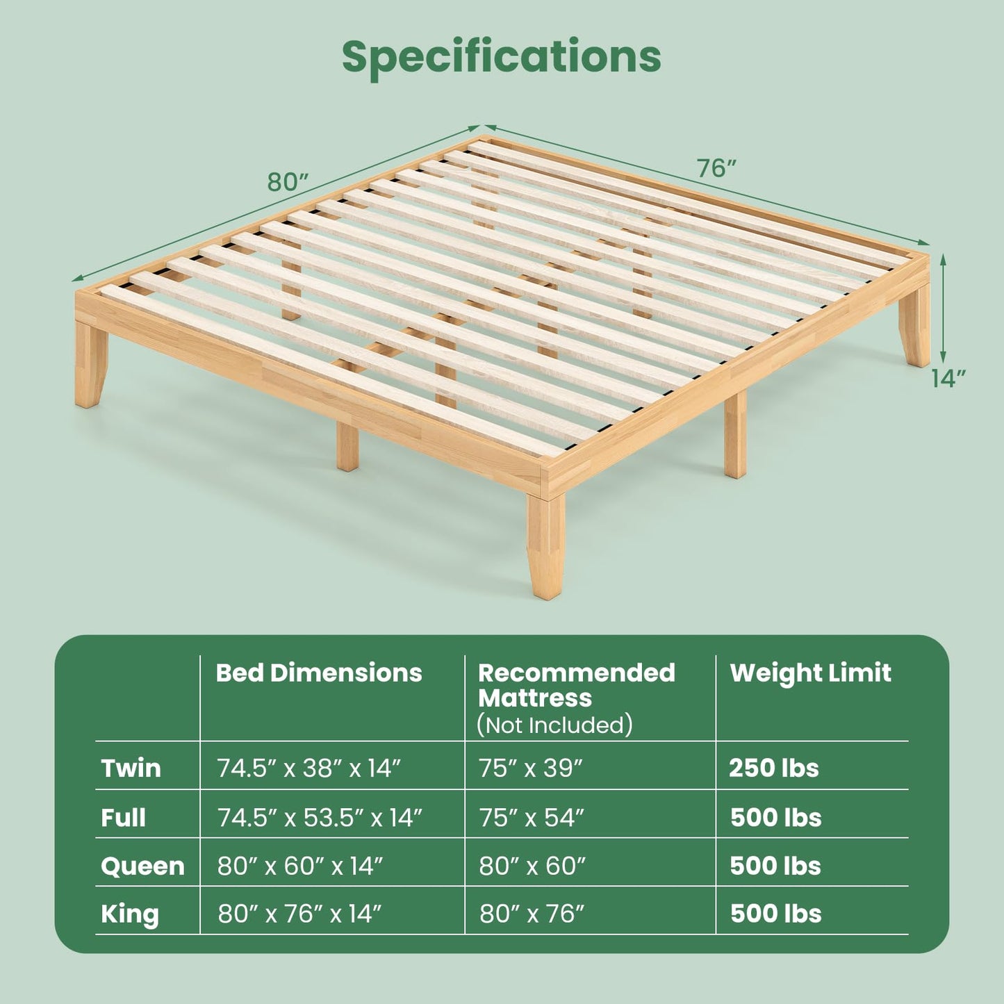 KOMFOTT 14 Inches Wood Platform Bed Frame King Size, Wooden Mattress Foundation with Rubber Wood Frame, Strong Wooden Slats Support, No Box Spring Needed, Bed Frame (Natural)