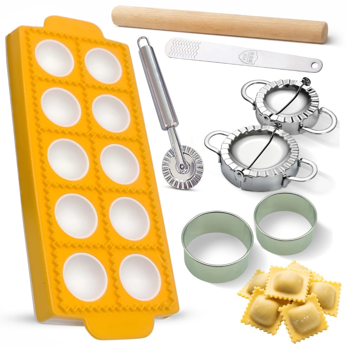 Ultimate Ravioli Maker Press & Dumpling Maker Kit - 10-Hole Ravioli Mold, Pasta Roller, Pastry Wheel & Pierogi Press - Stainless Steel Empanada Maker Machine & Pasta Making Tools for Kitchen (Round)