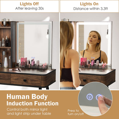 CHARMAID Makeup Vanity Table with Large Lighted Mirror, 3 Lighting Sets, Human Body Induction, Side Cabinet, 2 Drawers, Storage Shelves, Cosmetic Tray, Dressing Vanity Desk with Stool