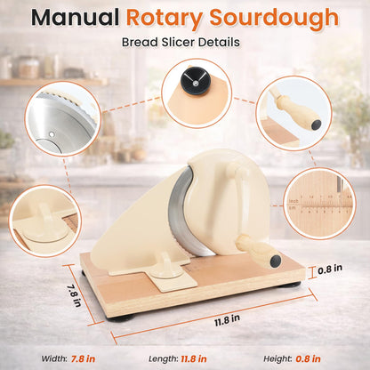 Manual Bread Slicer for Homemade Sourdough Bread, Adjustable Thickness Hand Crank Bread Cutter with Scale Lines, Suction Cup Base, Metal Guide & Sharp Stainless Steel Blade (Cream)
