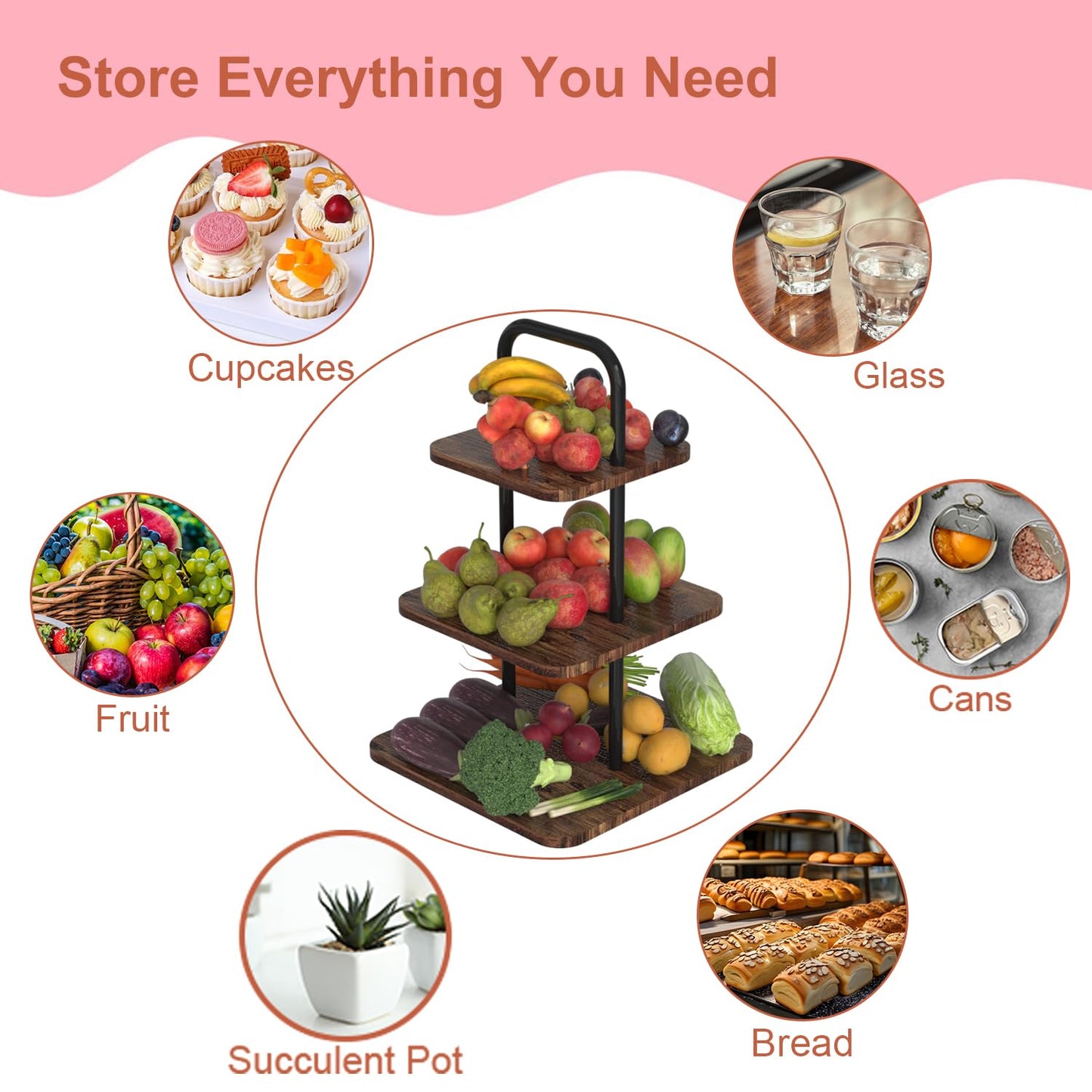 VyGrow Cupcake Stand, 3-Tier Dessert Stand for 32 Cupcakes, Wood & Metal Tower Display Premium Holder Dessert Tree Tower for Christmas Birthday Weddings Party Decor, Serving Tray, Wood Brown
