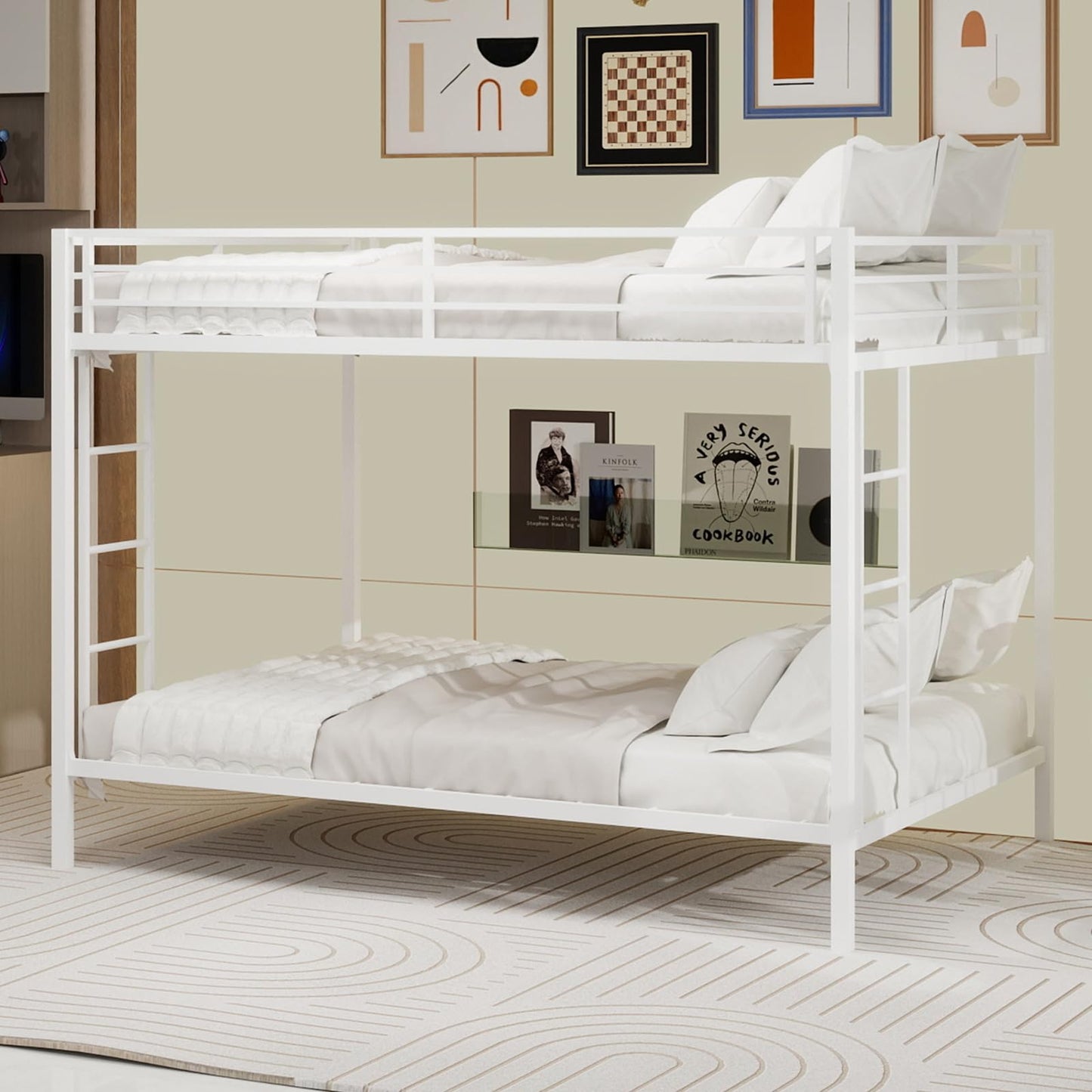 KEIKI Queen over Queen Size Metal Bunk Bed Frame with Built-in Ladder and Full-Length Railing, Modern Style Bunk Bed with Slats and Guardrail, No Box Spring Required, Easy Assembly, for Bedroom, White