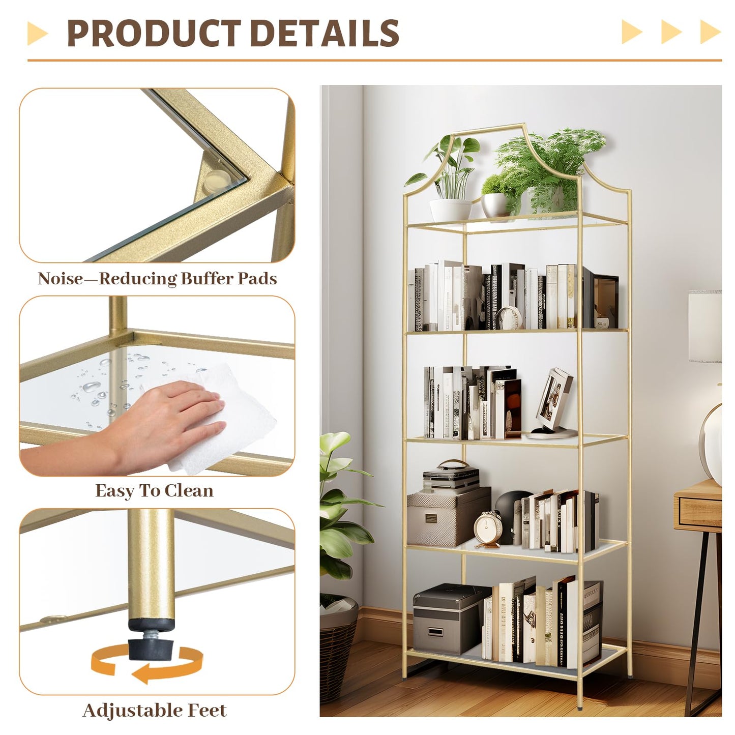 GIFTTROVE 5 Tier Bookshelf, Metal Book Shelf for Storage, Tall Storage Display Bookcase, Modern Open Book Case for Bedroom, Living Room, Glass Office Organization Shelf, 66.3" X 26" X 13"