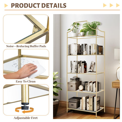 GIFTTROVE 5 Tier Bookshelf, Metal Book Shelf for Storage, Tall Storage Display Bookcase, Modern Open Book Case for Bedroom, Living Room, Glass Office Organization Shelf, 66.3" X 26" X 13"