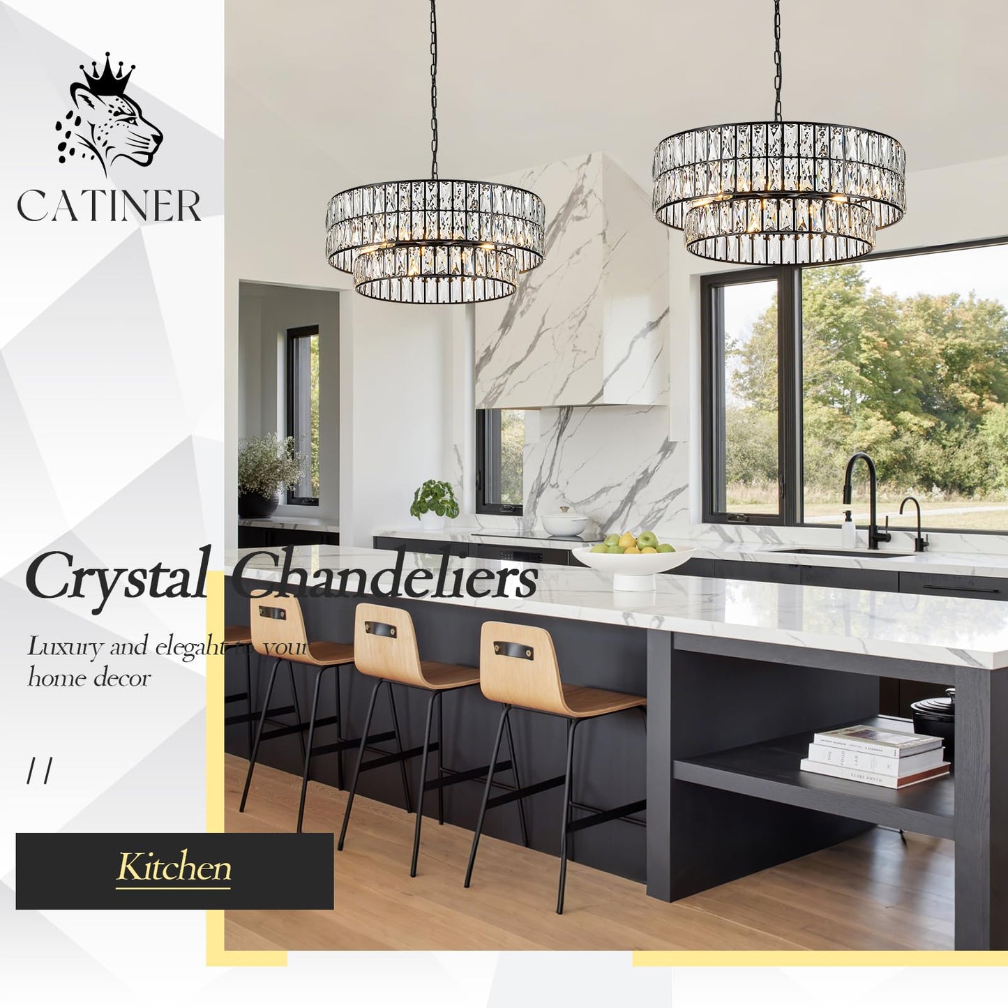 CATINER 24'' Black Crystal Chandeliers Luxury 8-Lights Pendant Chandelier Drum Semi Flush Mount Ceiling Lights for Living Room Dining Room Foyer Bedroom Kitchen