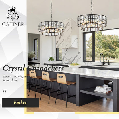 CATINER 24'' Black Crystal Chandeliers Luxury 8-Lights Pendant Chandelier Drum Semi Flush Mount Ceiling Lights for Living Room Dining Room Foyer Bedroom Kitchen