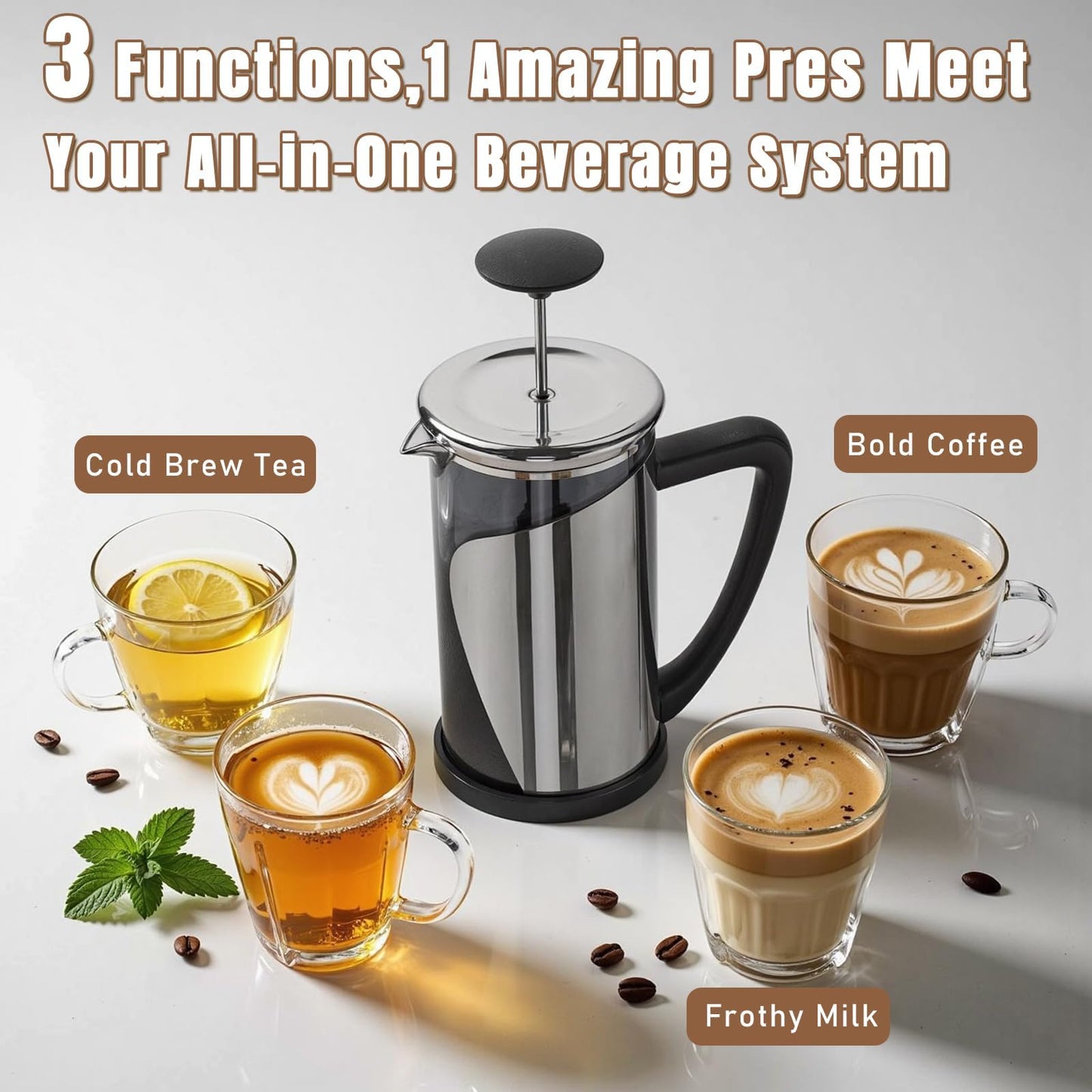 KYZ French Press Coffee Maker, 304 Stainless Steel with 4 Level Filter, 20oz Borosilicate Glass Coffee Press, Heat Resistant, Easy to Clean, 100% BPA Free for Coffee & Tea
