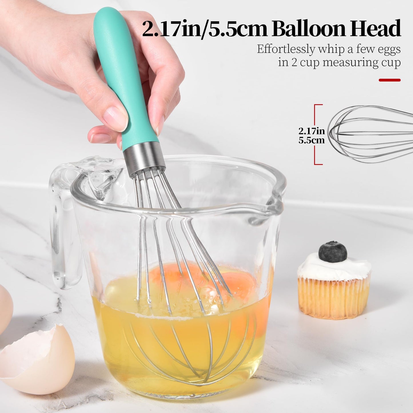 Lilybeam Small Whisk: Stainless Steel 9in Wire Balloon Wisk Kitchen Egg Whisker Heavy Duty Hand Mixer for Cooking Baking Whipping Blending Mixing Stirring Sauce, Flour, chocolate (Aqua Sky)