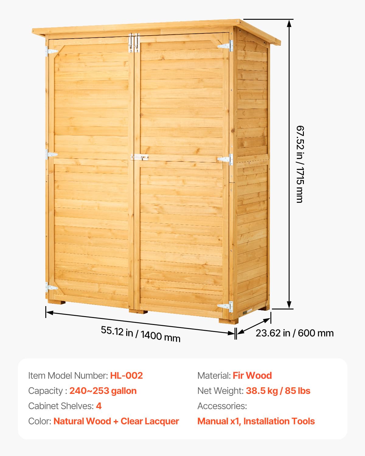 VEVOR Outdoor Storage Shed, Large Wooden Outside Storage Cabinet with Waterproof Roof and Metal Frame, Double Lockable Doors Garden Tool Shed Storage House Cabinet with Shelves, 55.1"x23.6"x67.5"