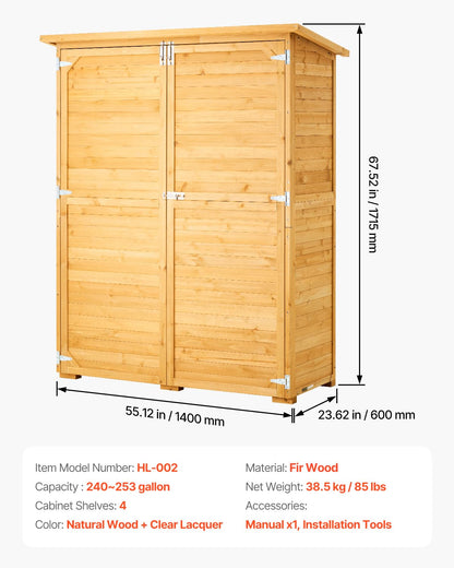 VEVOR Outdoor Storage Shed, Large Wooden Outside Storage Cabinet with Waterproof Roof and Metal Frame, Double Lockable Doors Garden Tool Shed Storage House Cabinet with Shelves, 55.1"x23.6"x67.5"