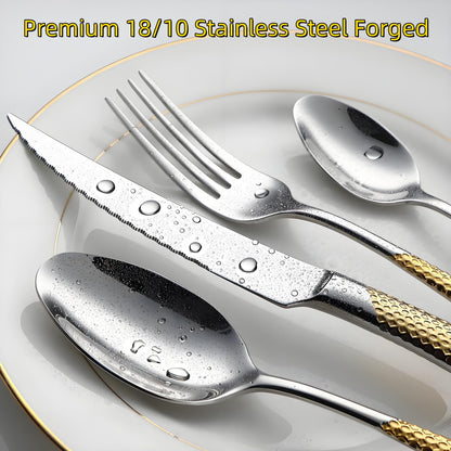 Gold Silverware Set 32 Piece Flatware Cutlery Set Service for 8,18/10 Stainless Steel Heavy Duty Hammered Handle Mirror Polished Dishwasher Safe Luxury Unique Utensil Sets for Home Kitchen Wedding