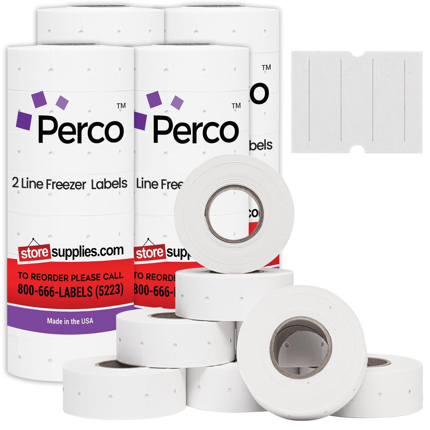 Perco 2 Line Freezer Adhesive Labels - 32 Rolls, 4 Sleeves, 24,000 Blank Price and Date Gun Labels for Perco 2 Line Price and Date Guns - Made in USA