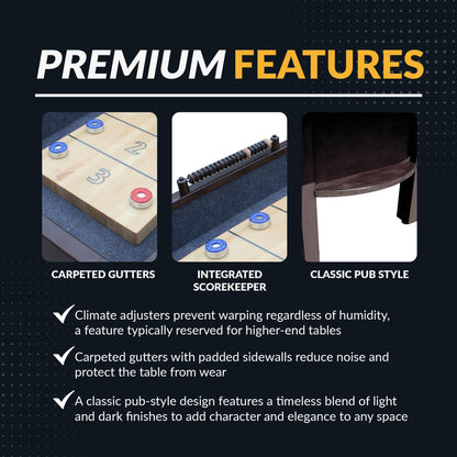 Hathaway Merlot 12 Foot Shuffleboard Table for Family Game Room - with Lacquer Coated Playfield, Built-in Scorer and Cabinet, Climate Adjusters, Leg Levelers, 8 Pucks, Brush, and Wax - Espresso Finish