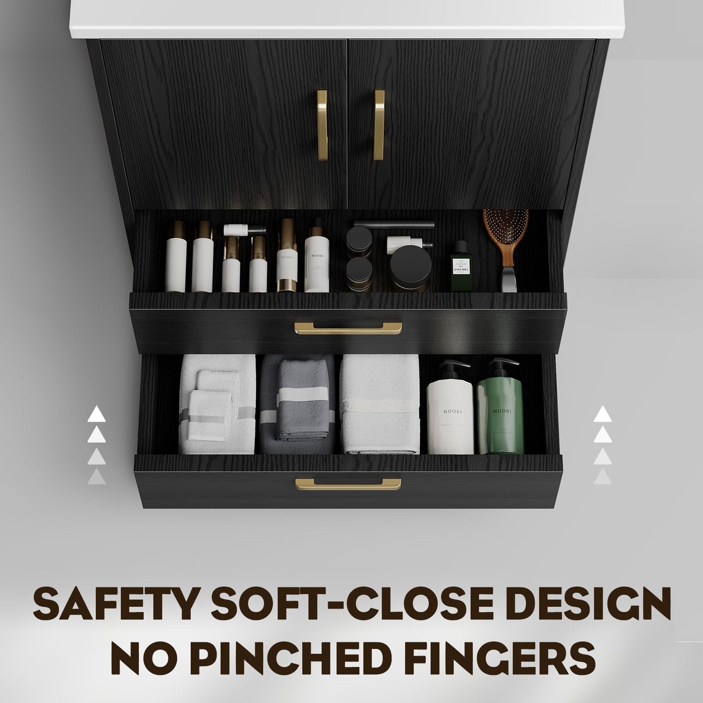 phiestina Fully Pre-Assembled Black 24 inch Bathroom Vanity with Sink, 2 Soft Close Doors and 2 Drawers Bathroom Storage Cabinet Set, with 3 Holes Single Ceramic Sink Combo, Faucet Not Included
