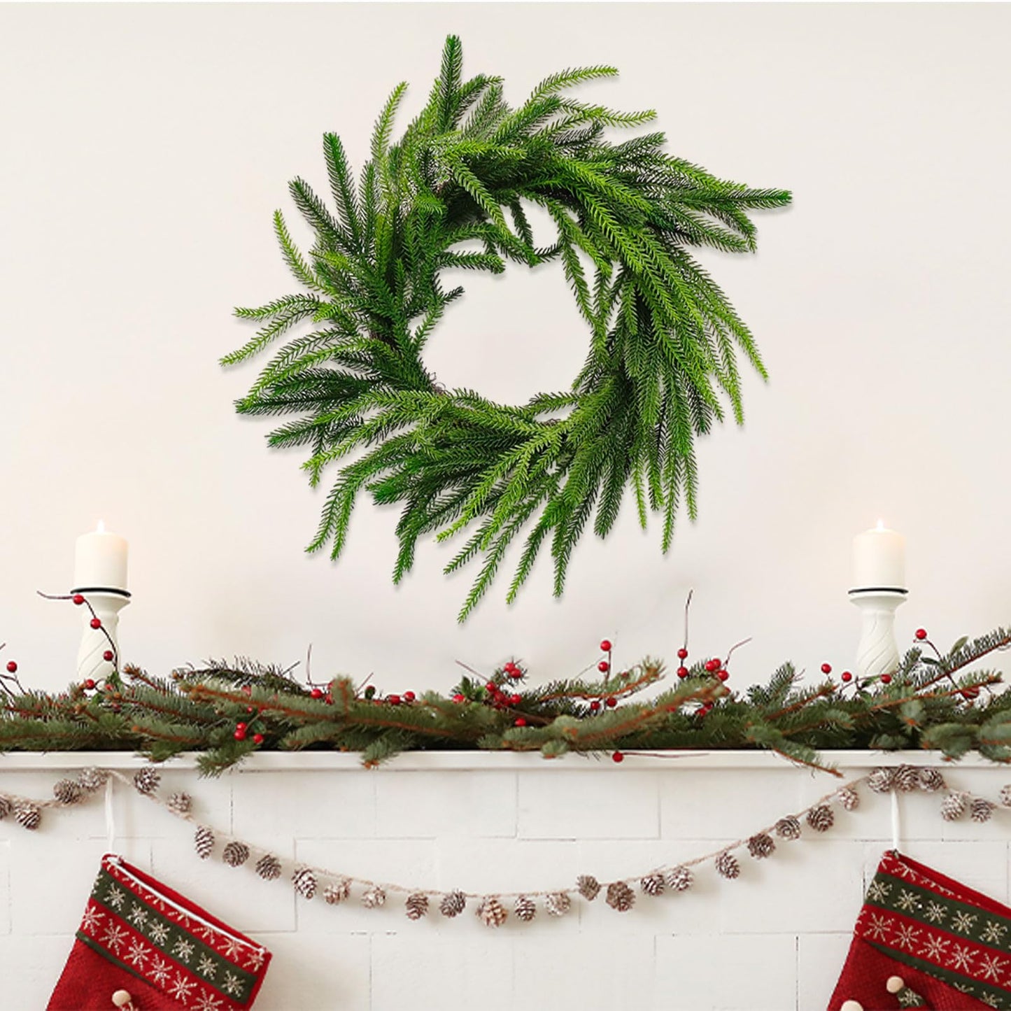 GLLBTPT Christmas Norfolk Pine Garland,9 ft Artificial Green Garland Holiday Decoration Outdoor Indoor for Stairs Railing Fireplace