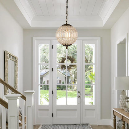 HUOKU Antique Crystal Globe Chandelier, 11.8" Vintage Small Sphere Chandelier Crystal Pendant Light Fixture for Foyer Dining Room Kitchen Island Bronze
