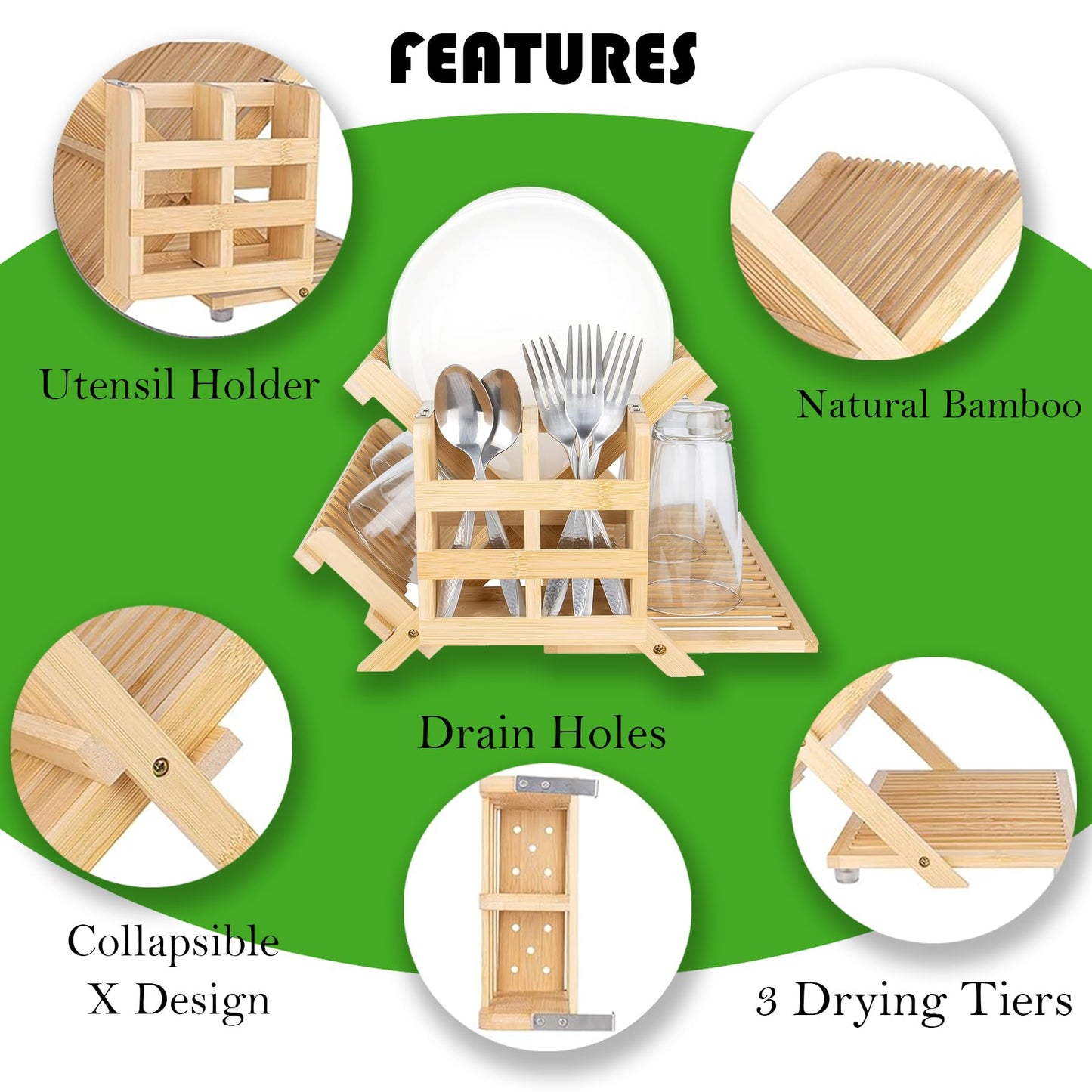KAEASOUS Foldable Bamboo Dish Rack, 3-Tier Wooden Dish Drainer & Utensil Holder for Kitchen - Large Countertop Drying Rack for Dishes and Plates, Natural Compact Storage