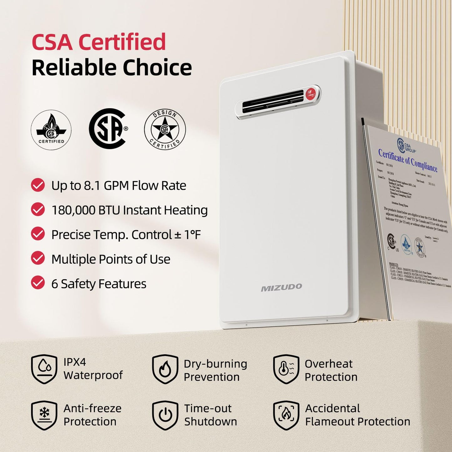 MIZUDO 180,000 BTU Natural Gas Tankless Water Heater, Outdoor Installation Up to 8.1 GPM, CSA Certified Instant Hot Water Heater for Residential Whole House, GEN 3