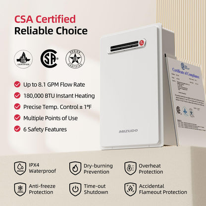 MIZUDO 180,000 BTU Natural Gas Tankless Water Heater, Outdoor Installation Up to 8.1 GPM, CSA Certified Instant Hot Water Heater for Residential Whole House, GEN 3