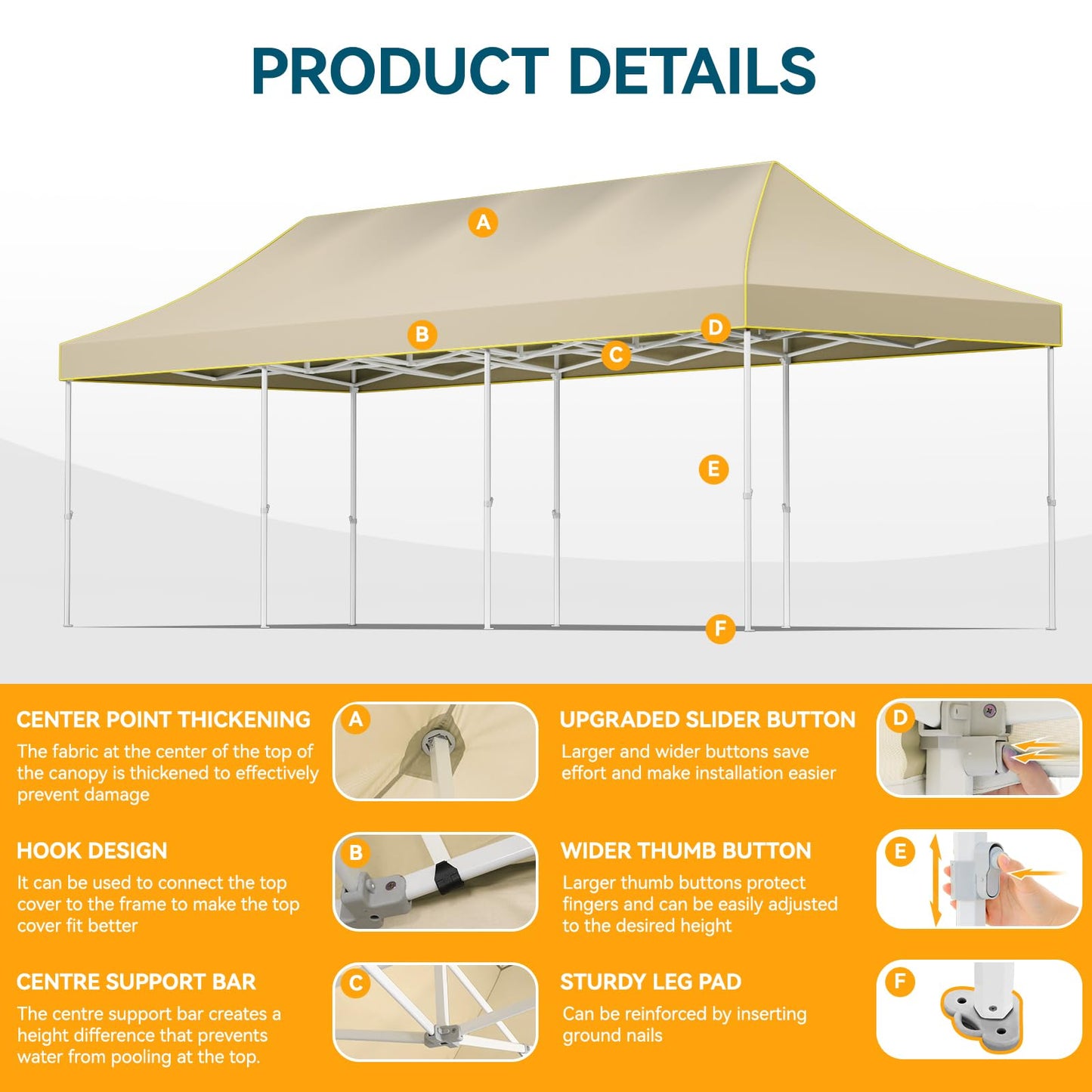 Hoteel 10x30 Pop Up Canopy Heavy Duty Without Sidewall, Waterproof Outdoor Event Tents, Easy Set-up Instant Tent with Hand Bag, Rope & Nail, Hexagonal Leg (1-Year Warranty,Upgrade)