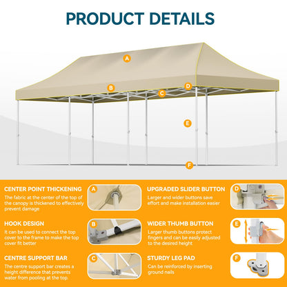 Hoteel 10x30 Pop Up Canopy Heavy Duty Without Sidewall, Waterproof Outdoor Event Tents, Easy Set-up Instant Tent with Hand Bag, Rope & Nail, Hexagonal Leg (1-Year Warranty,Upgrade)