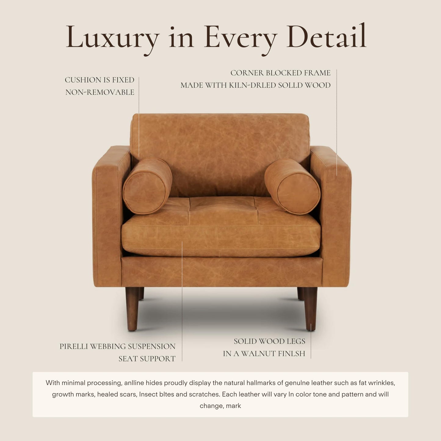 Poly & BARK Napa Leather Accent Chairs 42" – Set of 2 - Mid Century Modern Armchair with Bolster Pillows, Living Room or Bedroom Chair in Cognac Tan