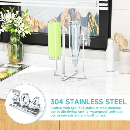 Bottle Drying Rack Reusable Drying Rack for Bottles Metal Foldable Water Bottle Dryer Holder Space Saving Cups Dryer Racks Kitchen Stand Holder for Plastic Bags, Bottles and Cups (Silver, 1PC)