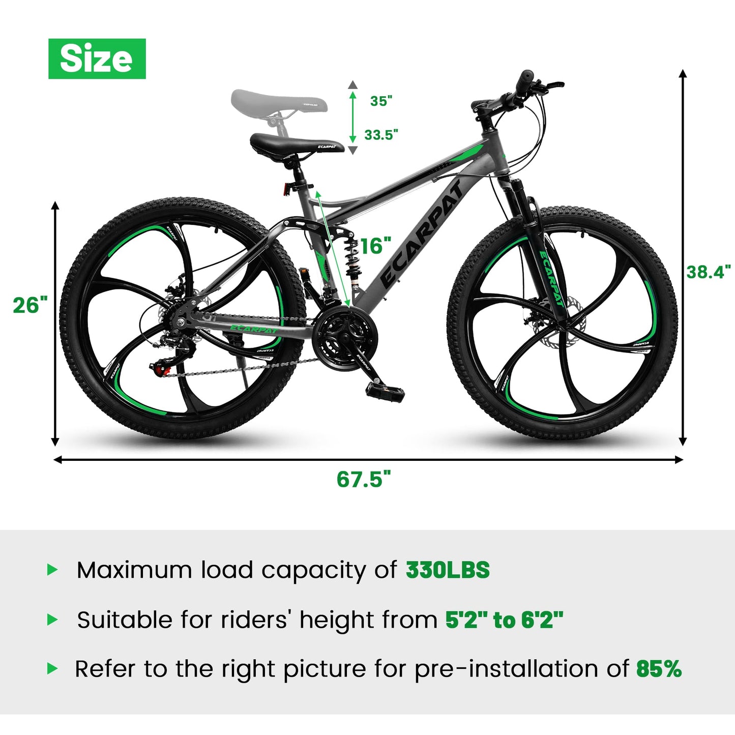 Rycheer Ecarpat 26 Inch Mountain Bike Full Suspension, 21 Speeds Dual Disc Brake, 6 Spokes Men Women Mountain Bike, Durable Carbon Steel Bicycle, Adult Trail Beach Snow Commuter City Bikes