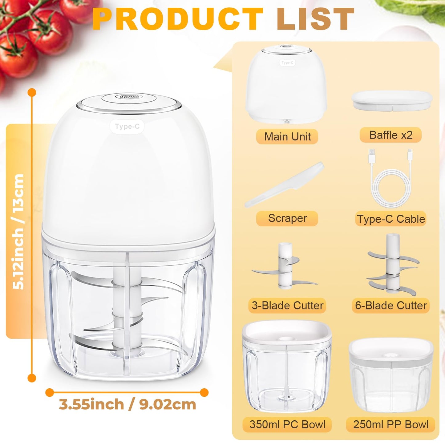 Electric Mini Garlic Chopper 2 Bowls(350ML/1.5Cup&250ML/1Cup) Cordless Mini Food Processor【Up-Durable Motor】【2 Sets 304 Stainless Steel Blades】Grind for Garlic,Onion,Meat,Baby Food,BPA Free (White)