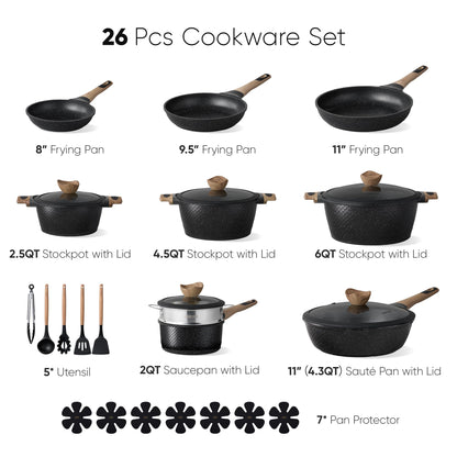 CAROTE 26PCS Pots and Pans Set Non Stick, Cookware Set Pots and Pans Induction Cook Ware, Nonstick Kitchen Cooking, PFOA Free, Black