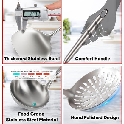 Newness 9 Pcs Cooking Utensils Set, 304 Stainless Steel Kitchen Utensils Set, Metal Kitchen Accessories, Include Soup Ladle, Slotted Skimmer Spoon, Spaghetti Spoon and Spatula, Dishwasher Safe (Short)