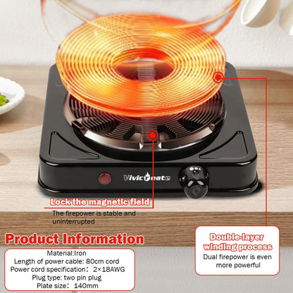 Vivicreate Electric Hot Plate, Portable Countertop Electric Cooktop, Adjustable Temperature Control, 110V Extra Burner for Apartment, Dorm, RV, Small Kitchen (Single Cast Iron Burner)