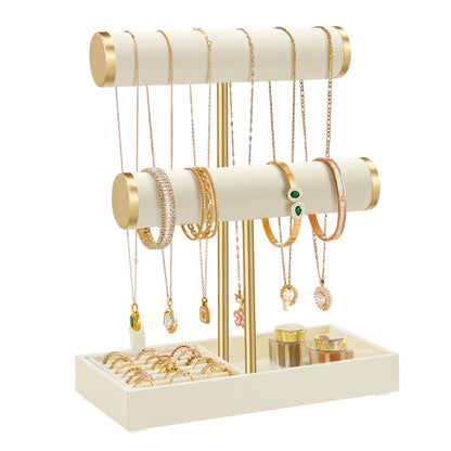 SONGMICS Bracelet Holder Stand, Jewelry Display Stand, Jewelry Organizer, with 2 Tiers and Velvet Tray, Removable Ring Holder, Cream White and Pale Gold UJJS039W101