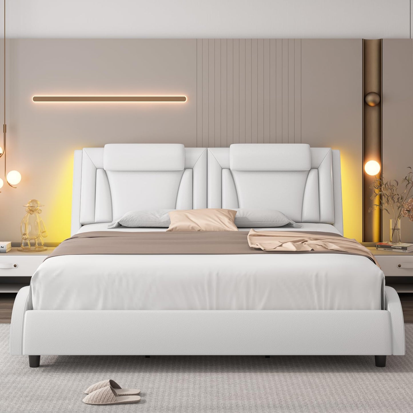 Keyluv King Size LED Bed Frame with Adjustable Headboard & Removable Pillow, PU Leather Upholstered Platform Bed, Wave-Like Curve Safety Design, Solid Wooden Slats Support, Easy Assembly, White