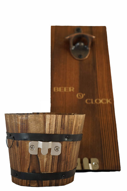 Thirsty Solutions - “Beer O’ Clock” Rustic Wall Mounted Bottle Opener and Catcher - Dark Stain Pine with Zinc Alloy Opener - Removable Wooden Bucket - Man (or Woman) Cave Ready