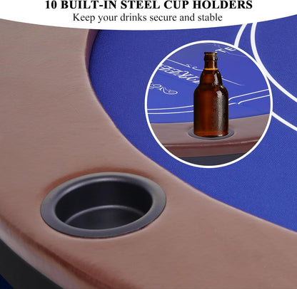 RAYKEEP Foldable Poker Table for 10 Players, 84" Folding Blackjack Texas Holdem Table, Portable Casino Leisure Card Board Game Table with Cup Holders and Padded Rails for Game Room (Brown)