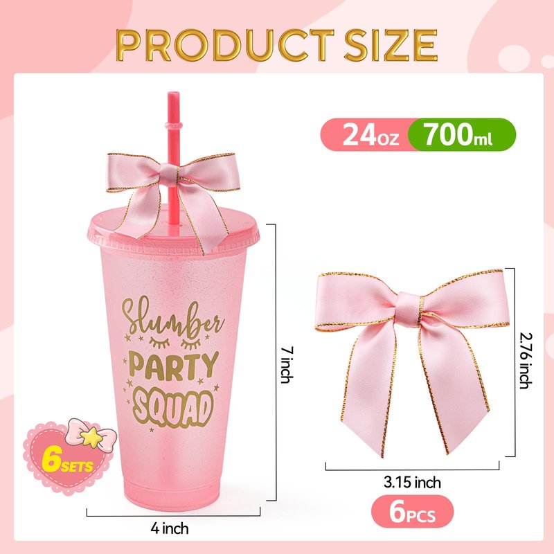 Yicentdp 6 Set Slumber Party Plastic Cups with Lid Straw and Twist Bow 24 oz Sleepover Tumblers Reusable Cups for Birthday Slumber Spa Party Supplies