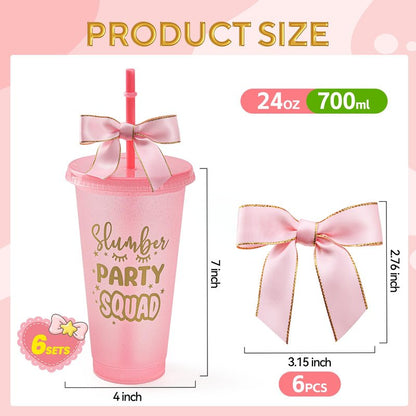 Yicentdp 6 Set Slumber Party Plastic Cups with Lid Straw and Twist Bow 24 oz Sleepover Tumblers Reusable Cups for Birthday Slumber Spa Party Supplies