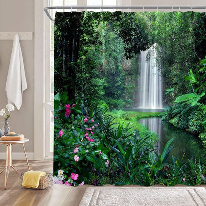 Rainforest Waterfall Shower Curtain Nature Green Forest Flowers Tropical Landscape Bathroom Decor with Hooks