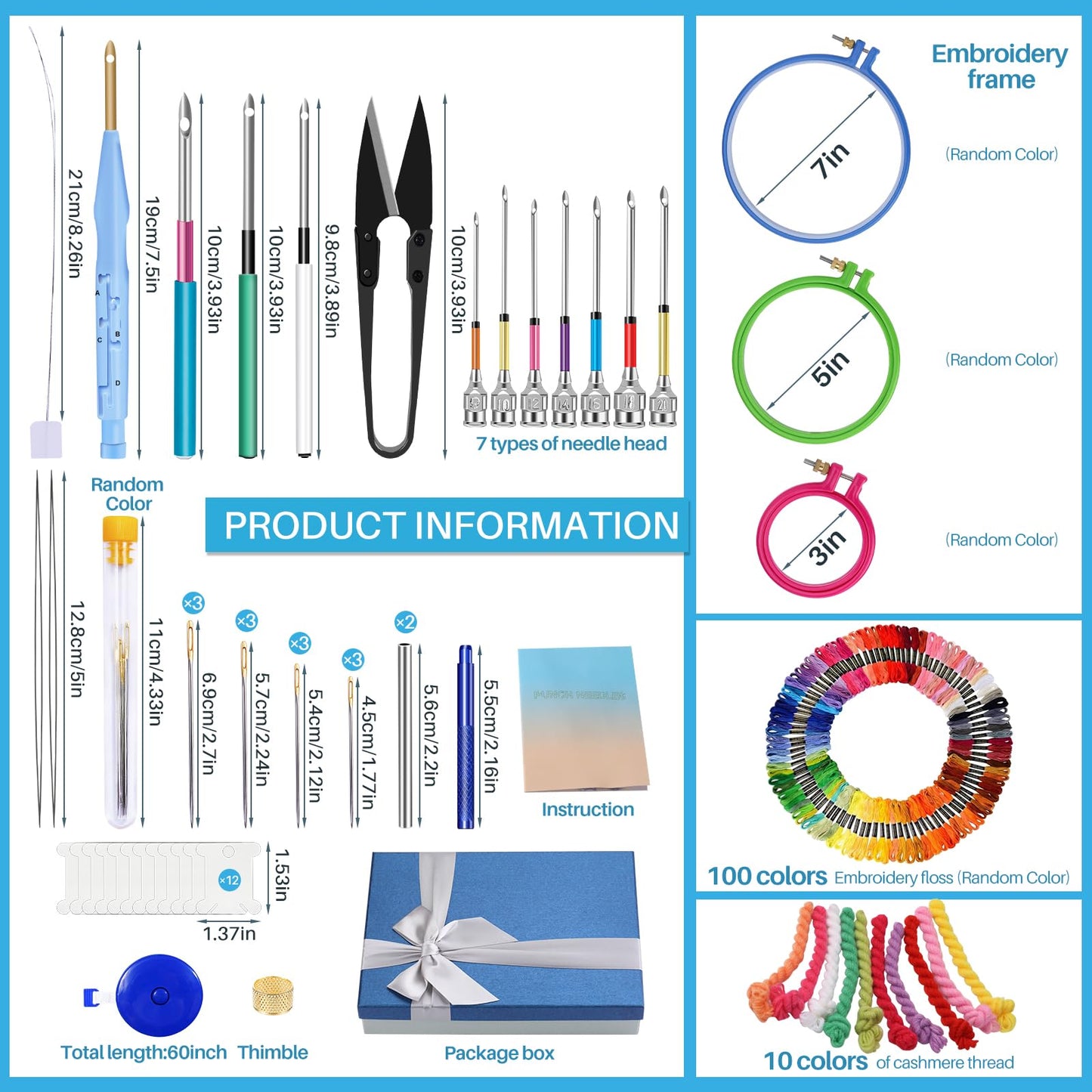 JUPEAN Embroidery Kit, Punch Needle Kit, 156 Pcs Punch Needle Tool, 110 Pcs Embroidery Floss, Punch Needles Kit for Beginners