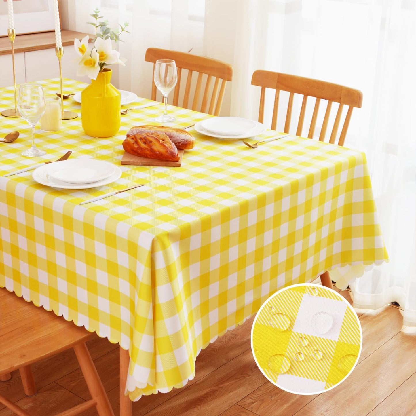 MANGATA CASA Yellow Gingham Tablecloth, Waterproof Checkered Table Cloth for Square Tables, Light Yellow 52x52in