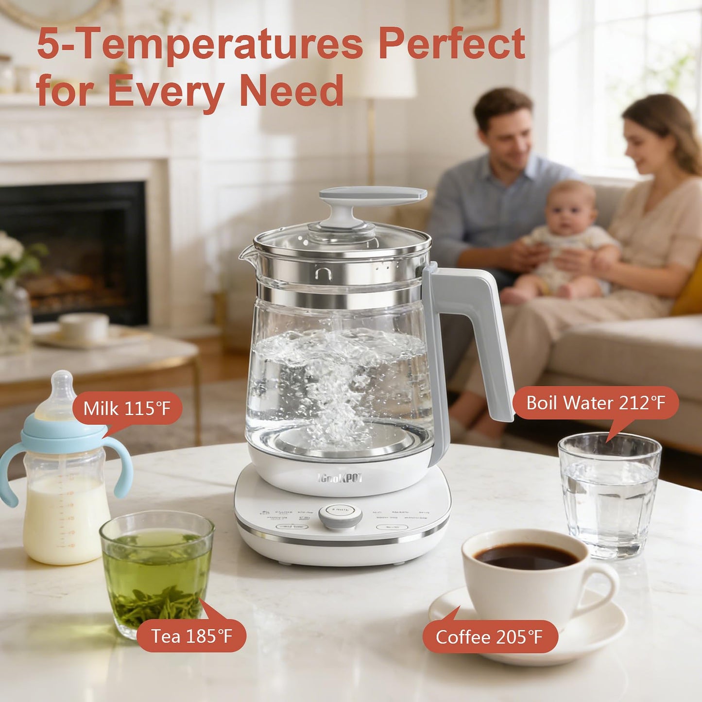 ICOOKPOT 1200w Electric Kettle, 1.5L Borosilicate Glass tea kettle, Hot water kettle electric for Coffee or Tea, BPA Free, Auto Shut-Off, Stainless Steel, Fast Boil, White