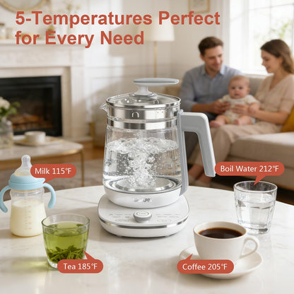 ICOOKPOT 1200w Electric Kettle, 1.5L Borosilicate Glass tea kettle, Hot water kettle electric for Coffee or Tea, BPA Free, Auto Shut-Off, Stainless Steel, Fast Boil, White